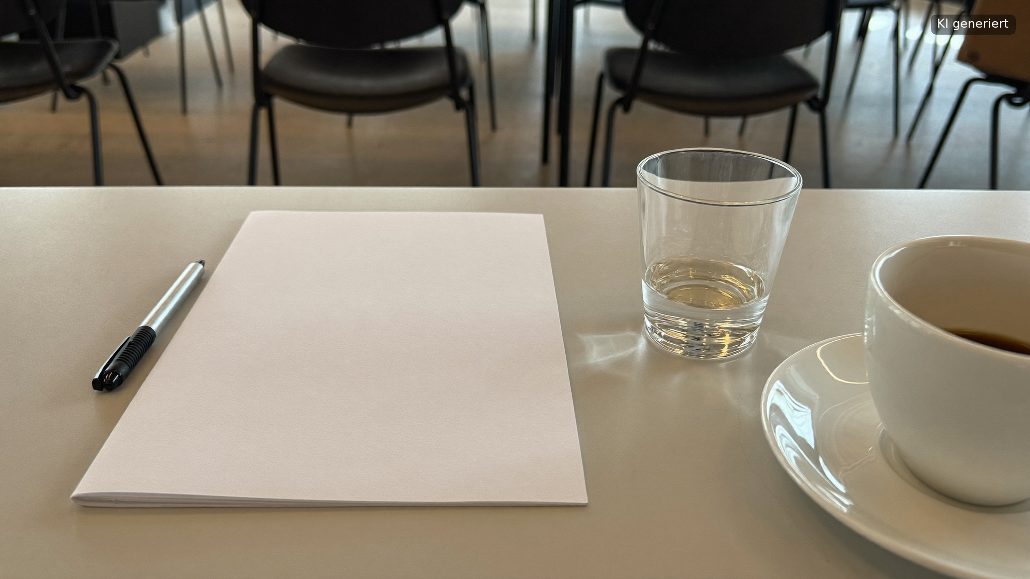 Arbeitsplatz mit Block, Wasser und Kaffee, worauf es beim Seminarraum mieten ankommt