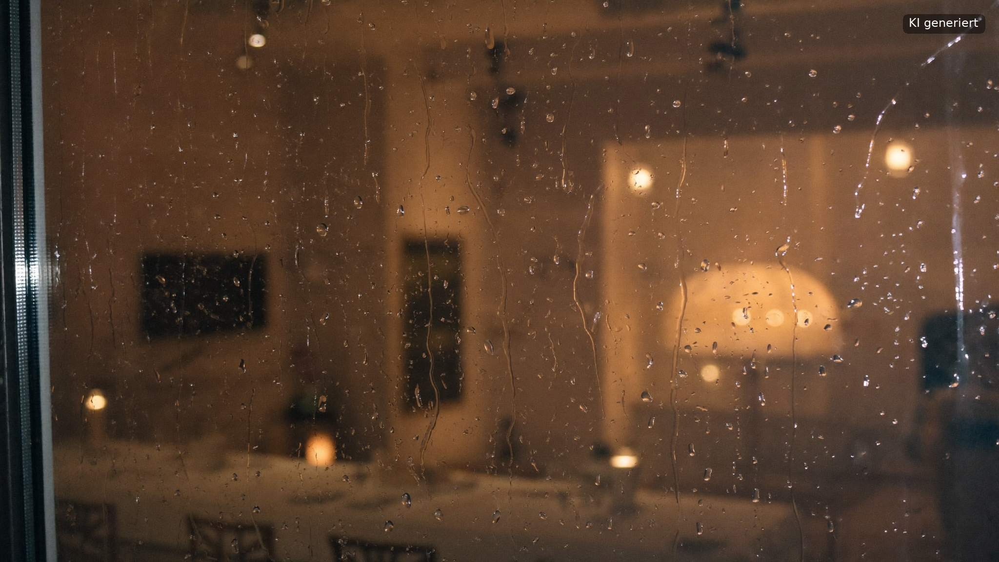Regentropfen am Fenster vor einem beleuchteten Festsaal, Plan B für die Hochzeit bei Regen