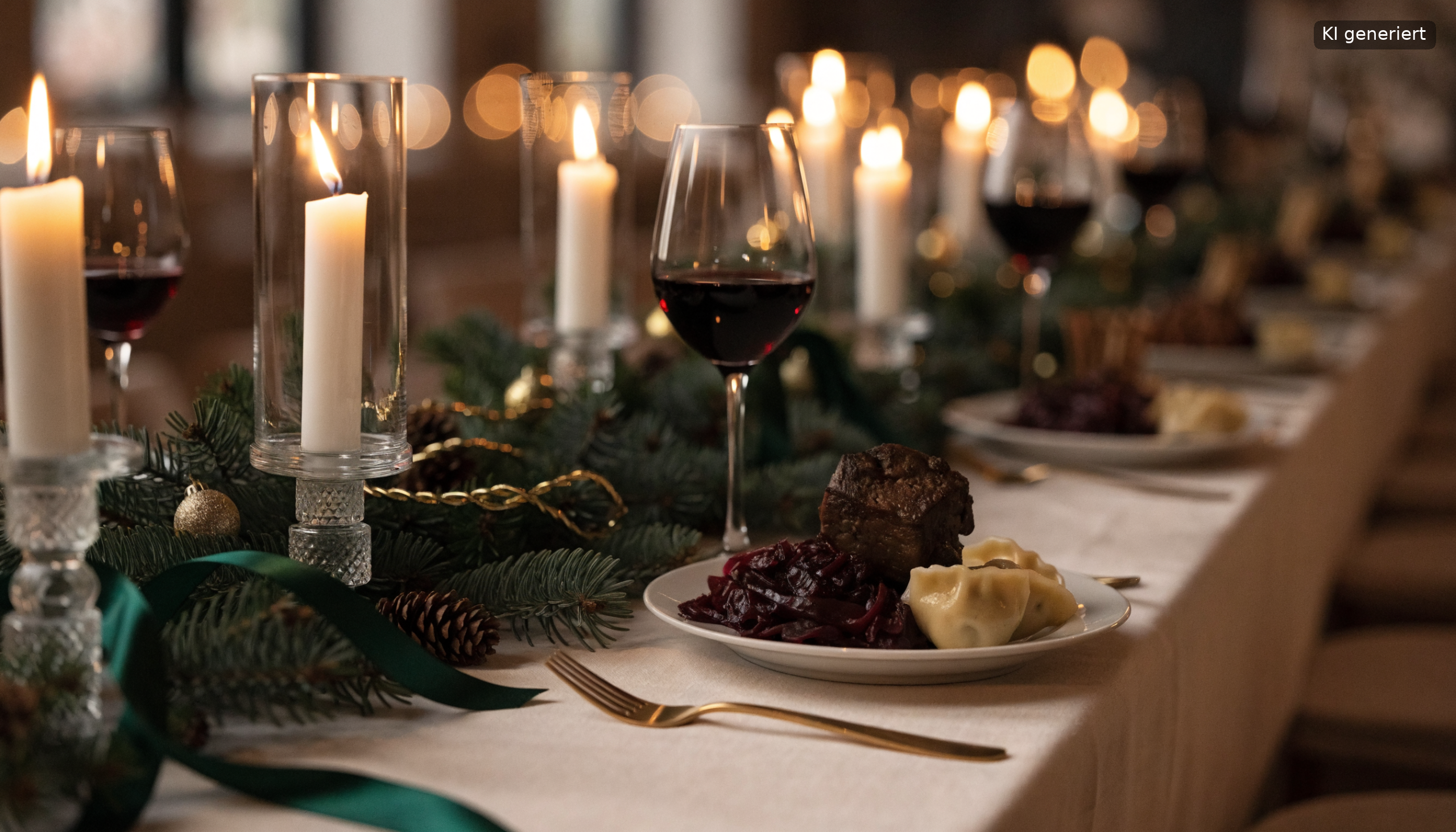 Festlich eingedeckter Tisch mit Tannenzweigen und Kerzen, Weihnachtsmenü für die Firmenfeier