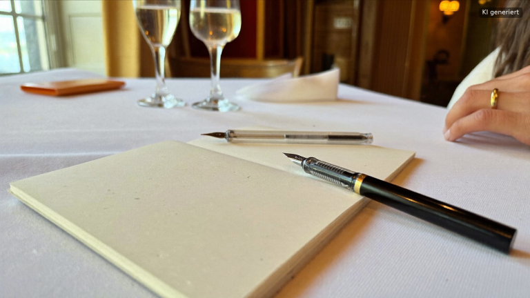 Notizblock und Stift auf einem eingedeckten Tisch, Kostenplanung vor dem Festsaal mieten