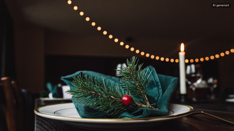 Festlich gedeckter Platz mit Kerze und Tannenzweig für die Weihnachtsfeier eines Unternehmens