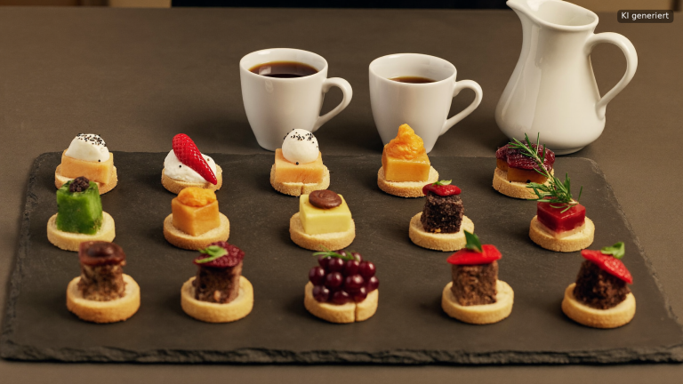 Fingerfood auf Schieferplatte mit Kaffee als Pausenverpflegung für Tagungen
