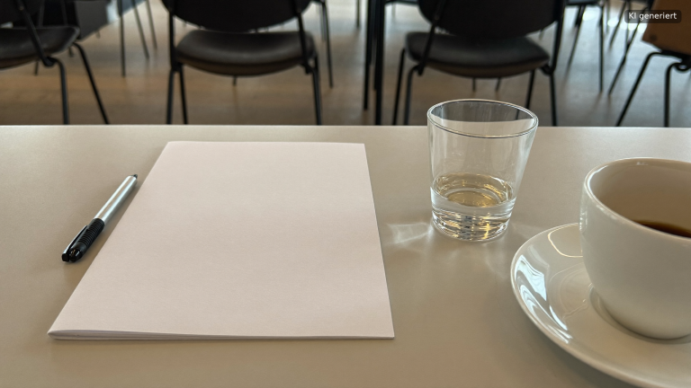 Vorbereiteter Arbeitsplatz mit Block, Wasser und Kaffee in einem Seminarraum