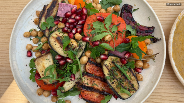 Pflanzlicher Teller mit geröstetem Gemüse und Kichererbsen als veganes Catering für Feiern