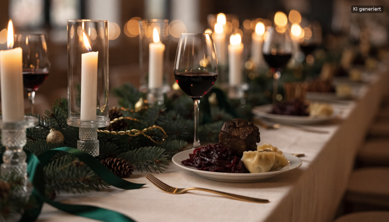 Festlich eingedeckter Tisch mit Tannenzweigen und Kerzen, Weihnachtsmenü für die Firmenfeier