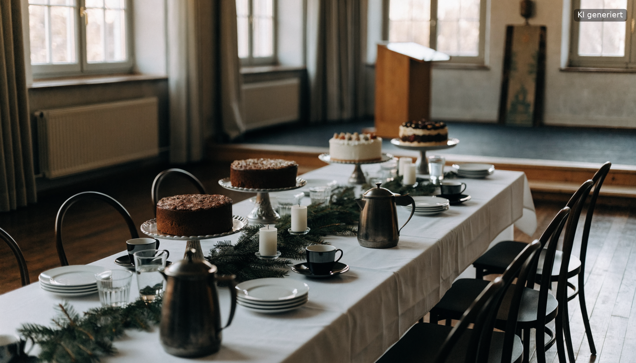 Kaffeetafel mit Kerzen und Tannengrün im Saal, Adventsfeier planen