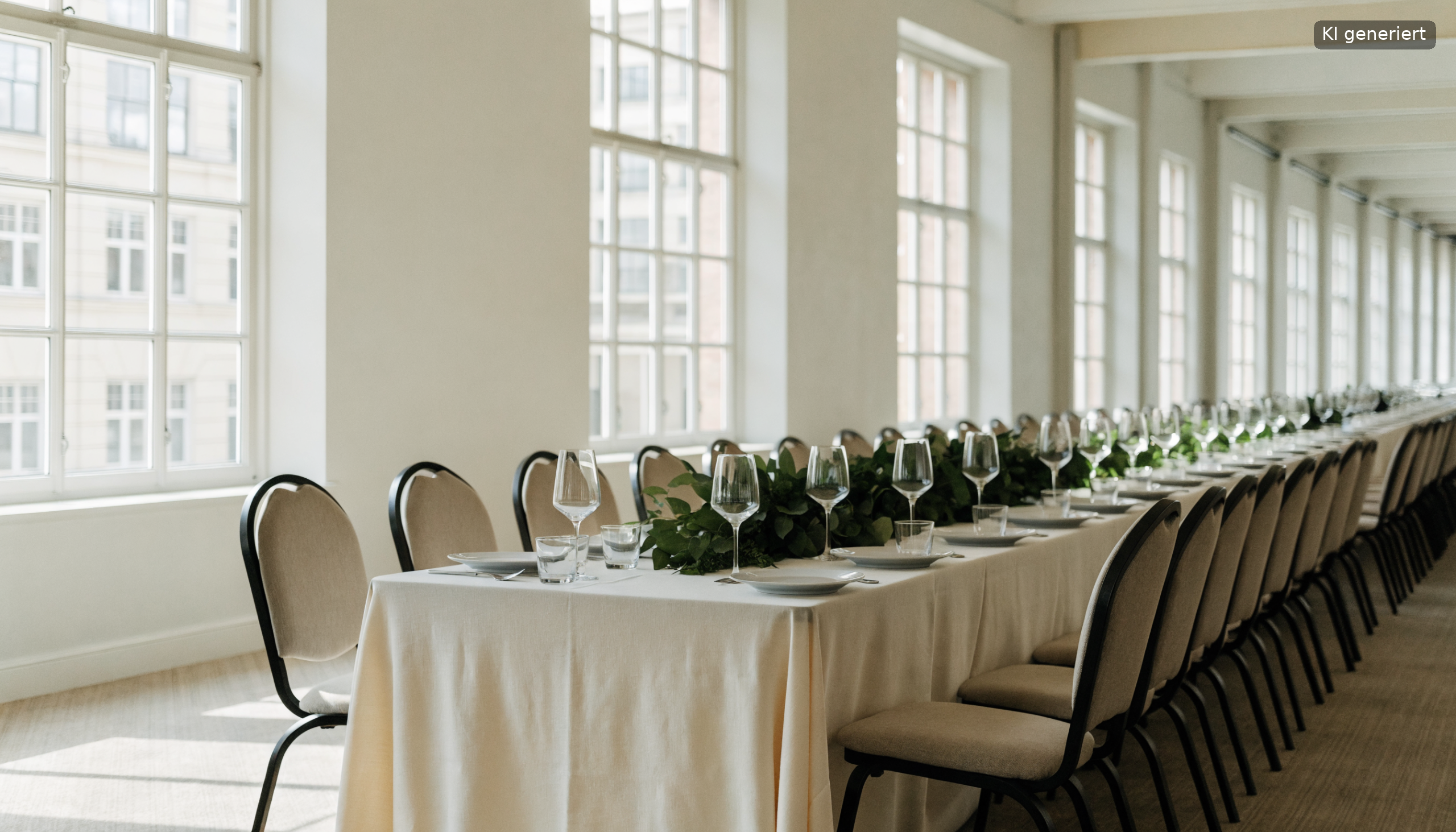Eingedeckte lange Tafel im Saal, Budget für die Firmenfeier planen